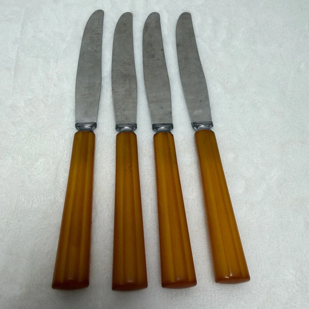VTG Butterscotch Bakelite Handle Dinner Knives Stainless Steel Set of 4‎ MCM